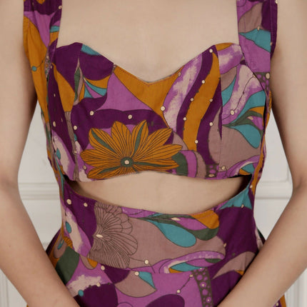 Miravan Womens Purple Pure Cotton Floral Printed Sleeveless Cut Out Western Dress