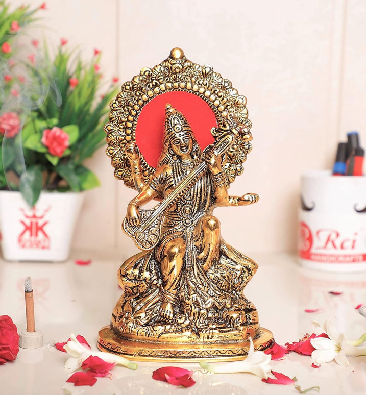 KridayKraft Gold-Polished Maa Saraswati Metal Statue