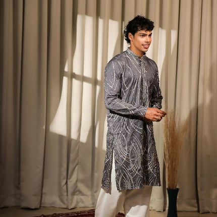 Bluish Grey Viscose Designer Embroidery Work Kurta Set - Mahotsav