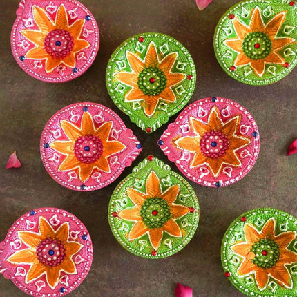Tied Ribbons Green & Pink Set of 8 Terracotta Clay Diwali Diyas