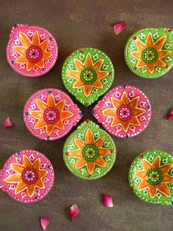 Tied Ribbons Green & Pink Set of 8 Terracotta Clay Diwali Diyas