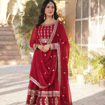 Aastha Fashion Maroon Faux Blooming Embroidery Zari Sequins-work Party Wear Designer Gown