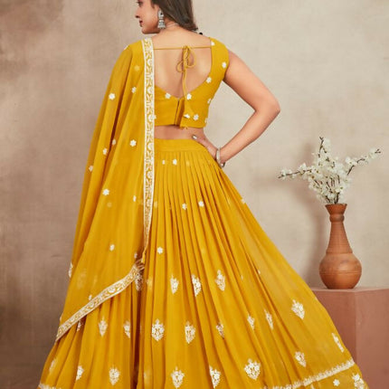 Aastha Fashion Mustard Yellow Heavy Georgette Embroidery Thread + Sequence Work Semi Stitched Wedding Wear Lehenga Choli