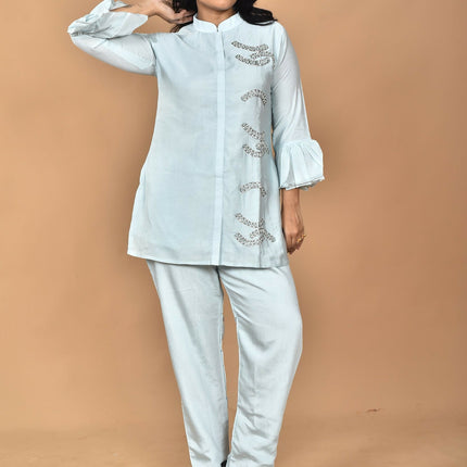 Morchari Women Hand Embroidery Co-Ords-Light Blue