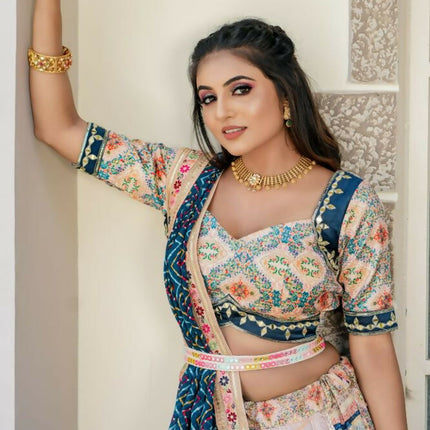 Aastha Fashion Peach & Rama Heavy Mulberry Fabric Heavy Crosek+ Embroidery Sequence + Thread +Zari + Mirror +Ready Lace Semi Stitched Wedding Wear Lehenga Choli