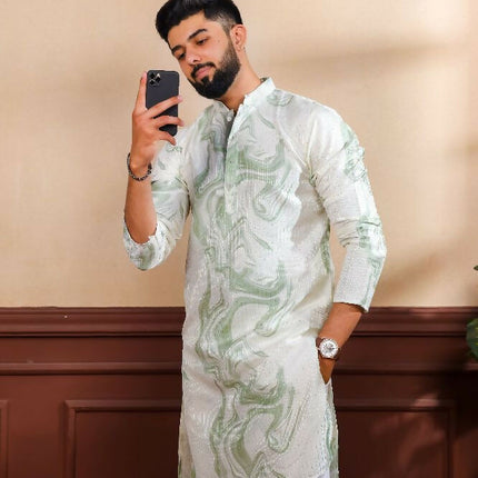 Green Art Silk Digital Printed, Embroidery Work Kurta Set - Mahotsav