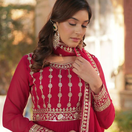 Aastha Fashion Maroon Faux Blooming Embroidery Zari Sequins-work Party Wear Designer Gown