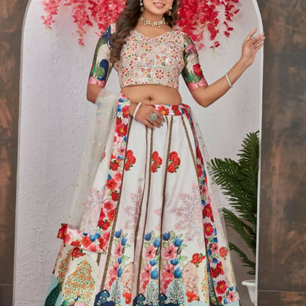 Aastha Fashion Off White Medonna Silk Heavy Digital Print Semi Stitched Wedding Wear Lehenga Choli
