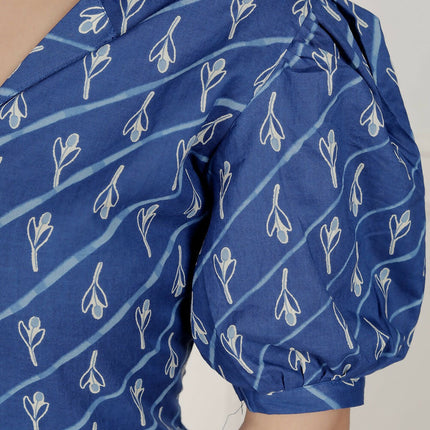 Miravan Womens Floral Print Blue Collar-Neck Puff Sleeves A-Line Maxi Dress