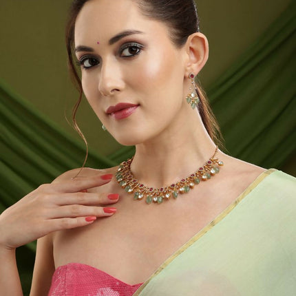 Natural Stones Antique Finish Earrings and Choker Necklace set - Ruby Raang