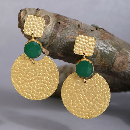 Joban Fashion Women Round Shape Green Stone Matte Gold Earrings