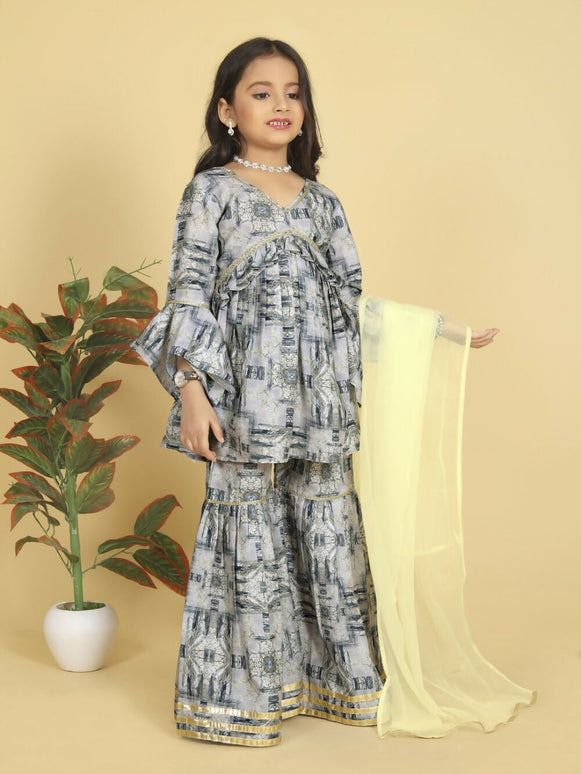 Divine Drape Girls Muslin Grey Printed Straight Kids Kurta Sharara With Dupatta