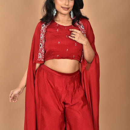 Morchari Women And Hand Embroidery Palazzo Set-Maroon