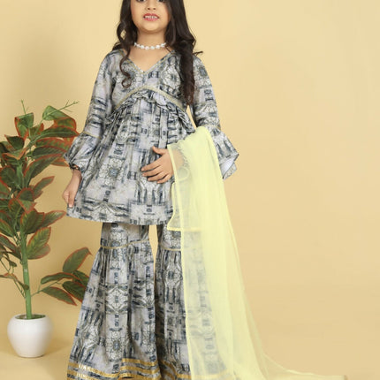 Divine Drape Girls Muslin Grey Printed Straight Kids Kurta Sharara With Dupatta