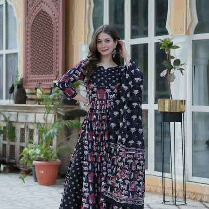 Aastha Fashion Black Pure Cotton Printed Party Wear Designer Gown