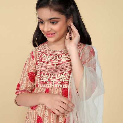Divine Drape Girls Poly Cotton Red Embroidered Straight Kids Kurta Pant With Dupatta