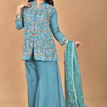 Morchari Women And Hand Embroidery Palazzo Set-Green