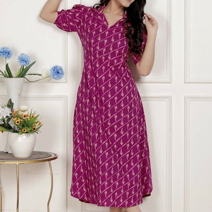 Miravan Womens Magenta Floral Printed Cotton Dress With One Side Pocket