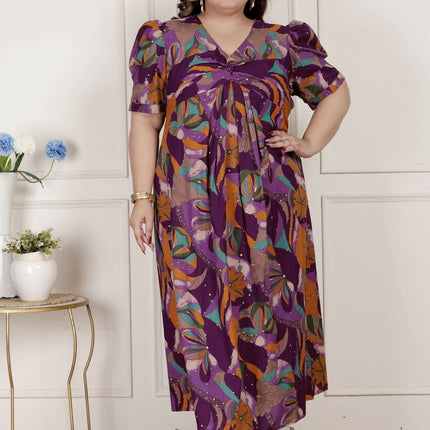 Miravan Womens Plus Size Floral Print Puff Sleeve Pure Cotton Magenta Butterfly Maxi Dress