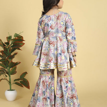 Divine Drape Girls Muslin MultiColour Printed Straight Kids Kurta Sharara With Dupatta