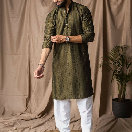 Mehandi Green Rayon Thread Embroidery Work Kurta Set - Mahotsav