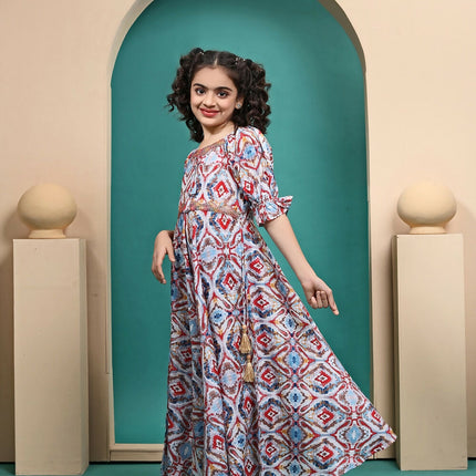 Divine Drape Girls Muslin MultiColour Printed Kids Anarkali Gown