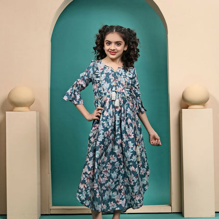Divine Drape Girls Muslin Teal Printed Kids Anarkali Gown