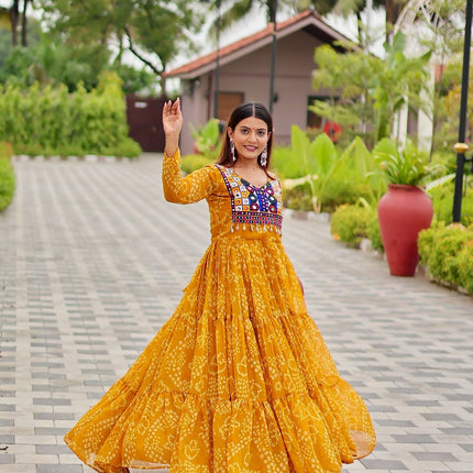 Aastha Fashion Yellow Faux Georgette Navratri Designer Gown Collection