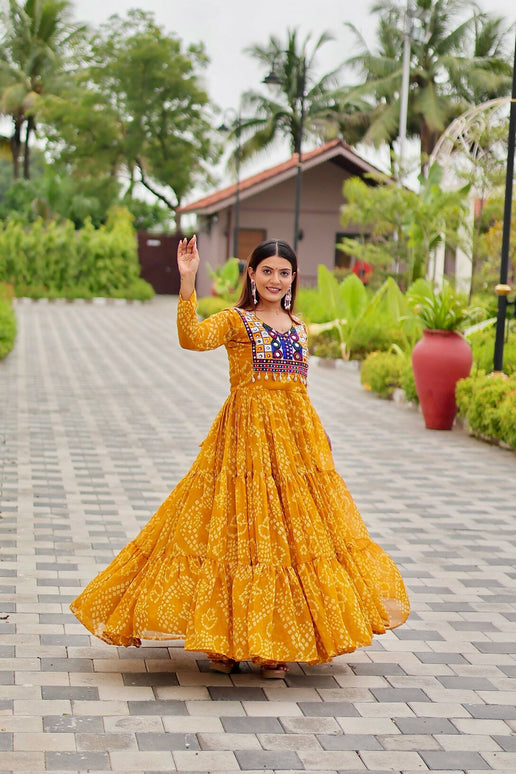 Aastha Fashion Yellow Faux Georgette Navratri Designer Gown Collection