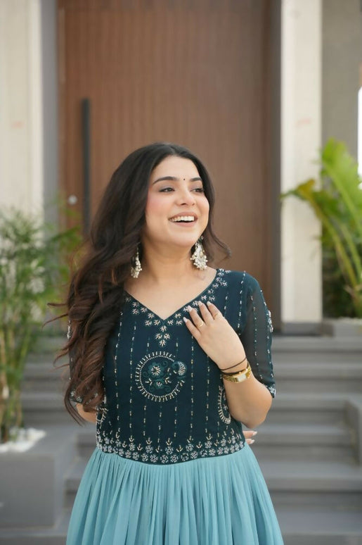 Aastha Fashion Rama Faux Blooming Embroidered work and Rich Floral Pedding Digital Print Party Wear Designer Gown