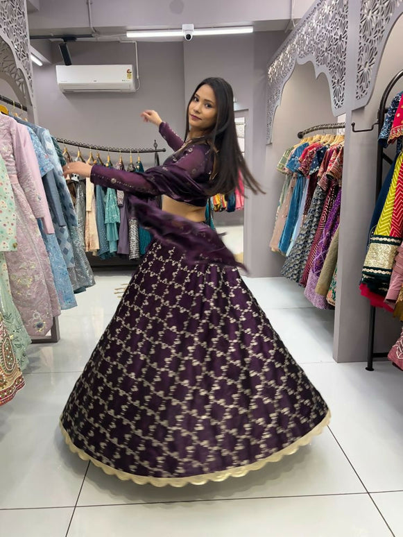 Aastha Fashion Wine Heavy Jimmy Choo Heavy Embroidery Zari +Sequence + Coding Lace Semi Stitched Wedding Wear Lehenga Choli