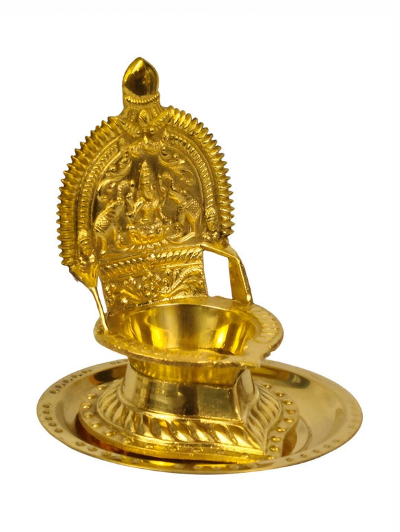 Spillbox Gold Toned Kamachi Diya With Plate Pooja Essentials