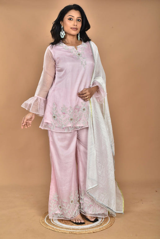Morchari Women And Hand Embroidery Palazzo Set-Pink
