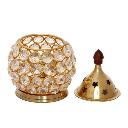 eCraftIndia Gold-Toned & Transparent Crystal & Brass Akhand Diya