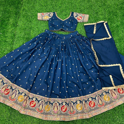 Aastha Fashion Rama Roman Silk Embroidery Thread / Zari / Sequence Work Semi Stitched Wedding Wear Lehenga Choli