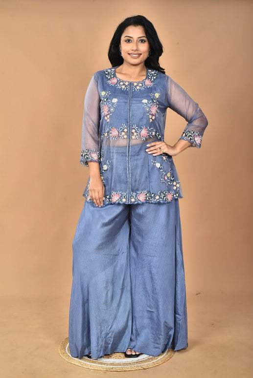 Morchari Women And Hand Embroidery Palazzo Set-Grey