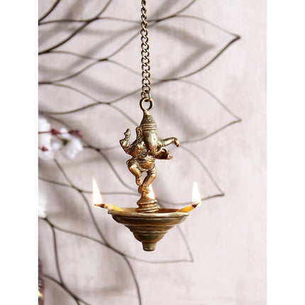 eCraftIndia Brown Dancing Ganesha Brass Hanging Diya