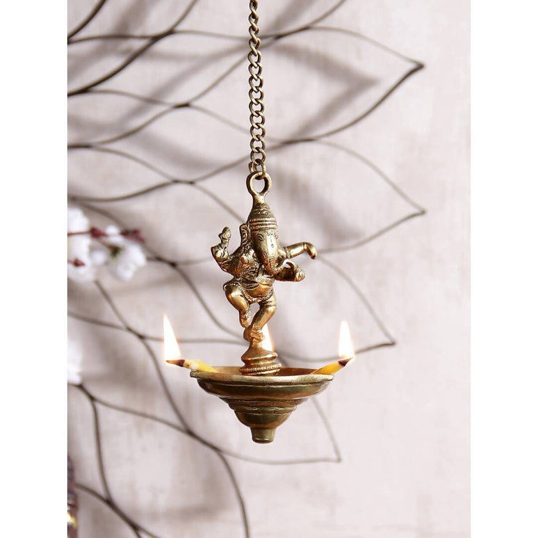 eCraftIndia Brown Dancing Ganesha Brass Hanging Diya