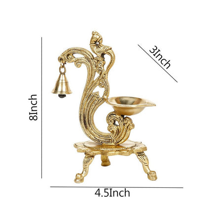 CraftVatika Gold-Toned Brass Handmade Decorative Peacock Design Diya with Bell & Stand