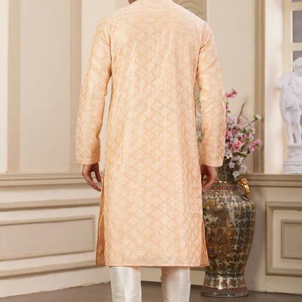 Raivat Ethnic Men's Art Silk Thread Work Kurta Pyjama In Peach Colour