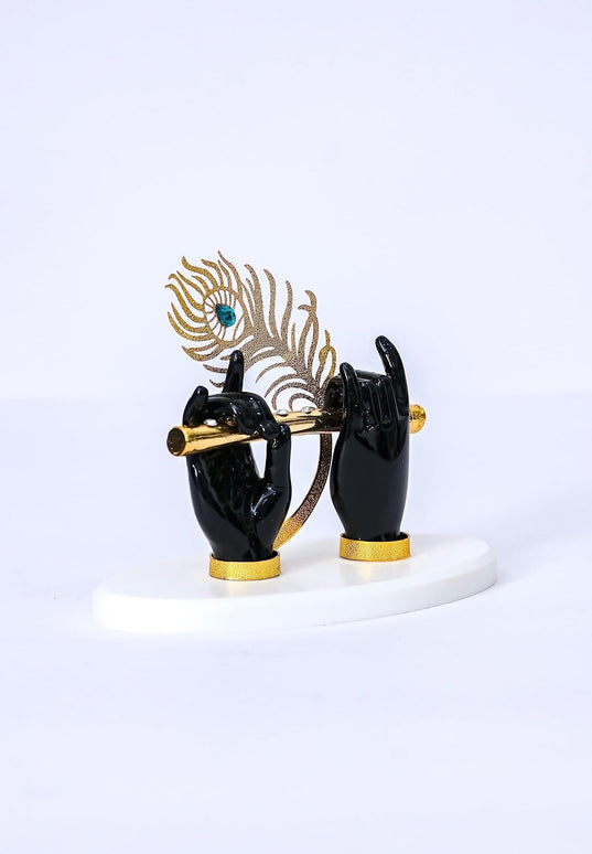 House Of Wemy Gold-Polished Lord Krishna Hands Idol with Flute and Pecock Feather - Black