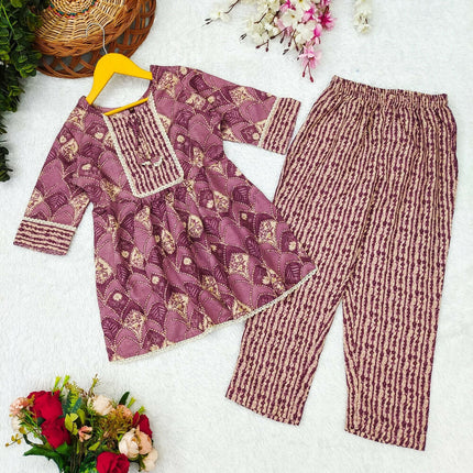 Divine Drape Girls Poly Cotton Purple Printed Straight Kids Kurta Pant Set