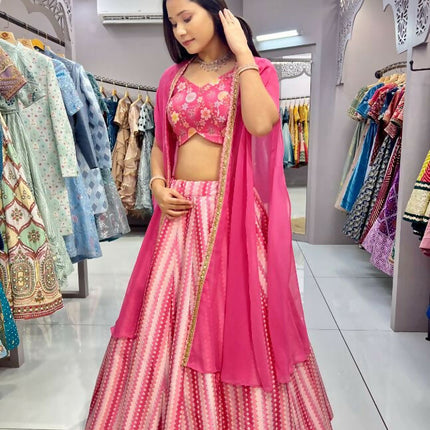 Aastha Fashion Pink Slub Silk Embroidery Thread / Sequence Work + Digital Print Semi Stitched Wedding Wear Lehenga Choli