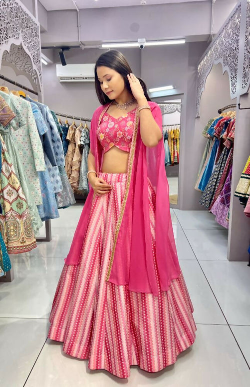 Aastha Fashion Pink Slub Silk Embroidery Thread / Sequence Work + Digital Print Semi Stitched Wedding Wear Lehenga Choli