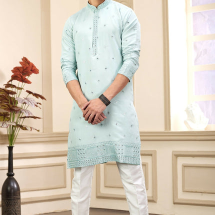 Raivat Ethnic Men's Art Silk Thread Work Kurta Pyjama In Pista Green Colour