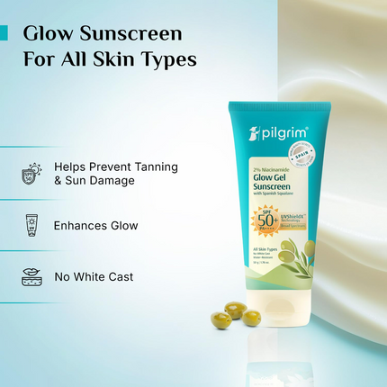 Pilgrim 2% Niacinamide Glow Sunscreen SPF 50 +++ Enhances Glow, Broad spectrum, Non-greasy, No white cast & Prevents Tanning