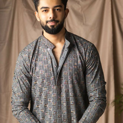 Grey Rayon Thread Embroidery Work Kurta Set - Mahotsav