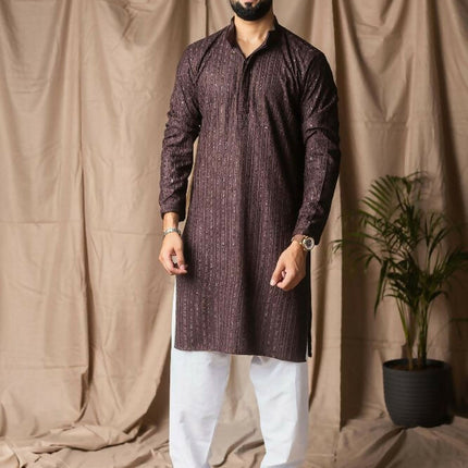 Dark Brown Rayon Thread Embroidery Work Kurta Set - Mahotsav