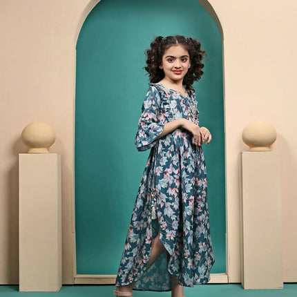 Divine Drape Girls Muslin Teal Printed Kids Anarkali Gown