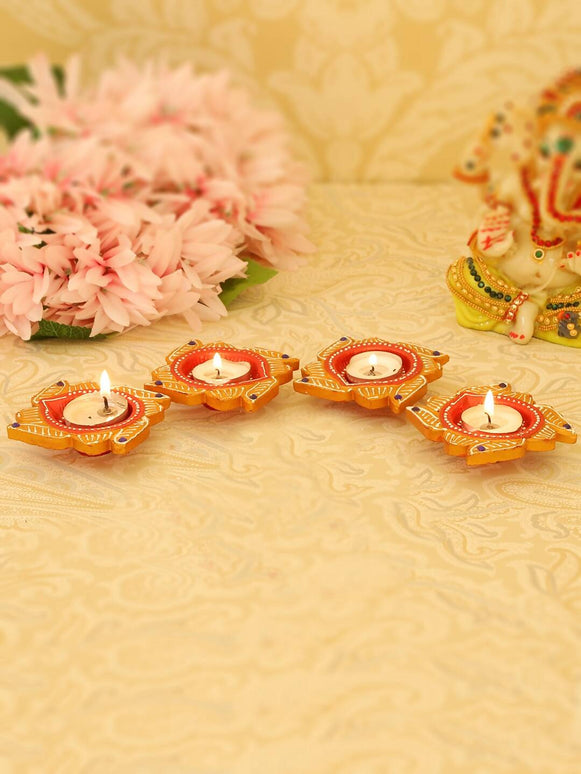 Tied Ribbons Set Of 4 Yellow & Red Printed Terracotta Diyas